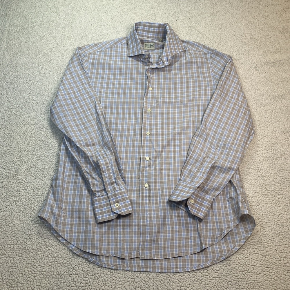 Gitman Bros Button Down Shirt Mens L Blue Tan Plaid Cotton Made in USA Classic